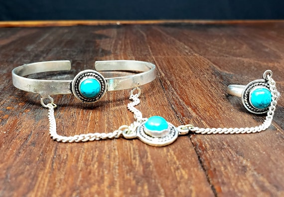 Vintage Turquoise Stone Slave Bracelet with Rings – Vintarust