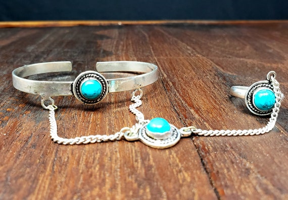 Vintage Turquoise Stone Slave Bracelet with Rings – Vintarust