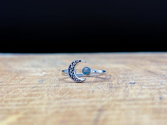 Adjustable Moonstone Crescent Ring - Silver Plate… - image 1