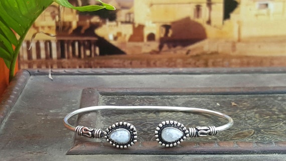Simple Silver Moonstone Bangle Bracelet Tribal Ge… - image 3