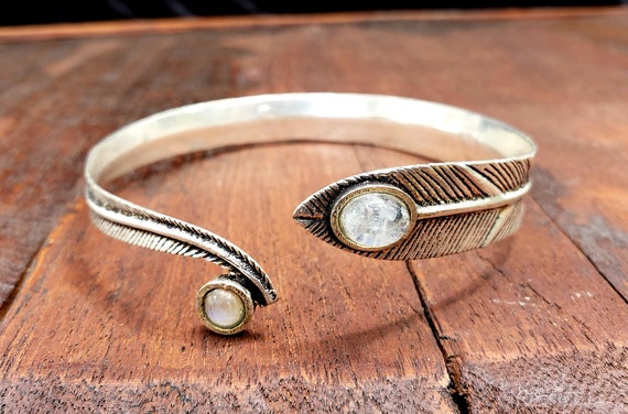 Silver Moonstone Feather Adjustable Arm cuff - image 2