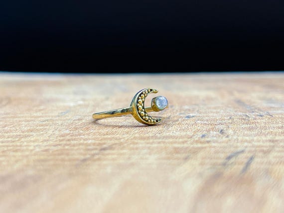 Adjustable Moonstone Crescent Ring - Brass Celest… - image 3
