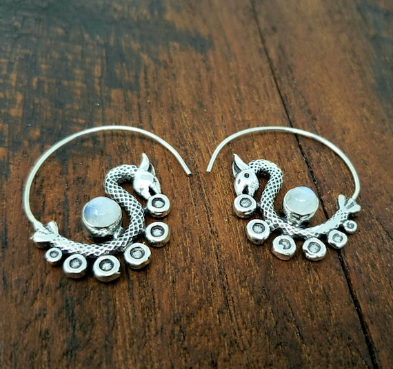 Silver Moonstone Dancing Dragon Threader Earrings - image 2