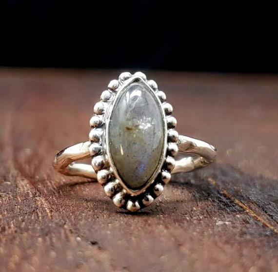 Simple Sterling Silver Labradorite Long Oval Ring
