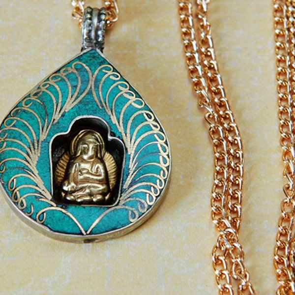 Turquoise Gold Buddha Shrine Pendant with chain