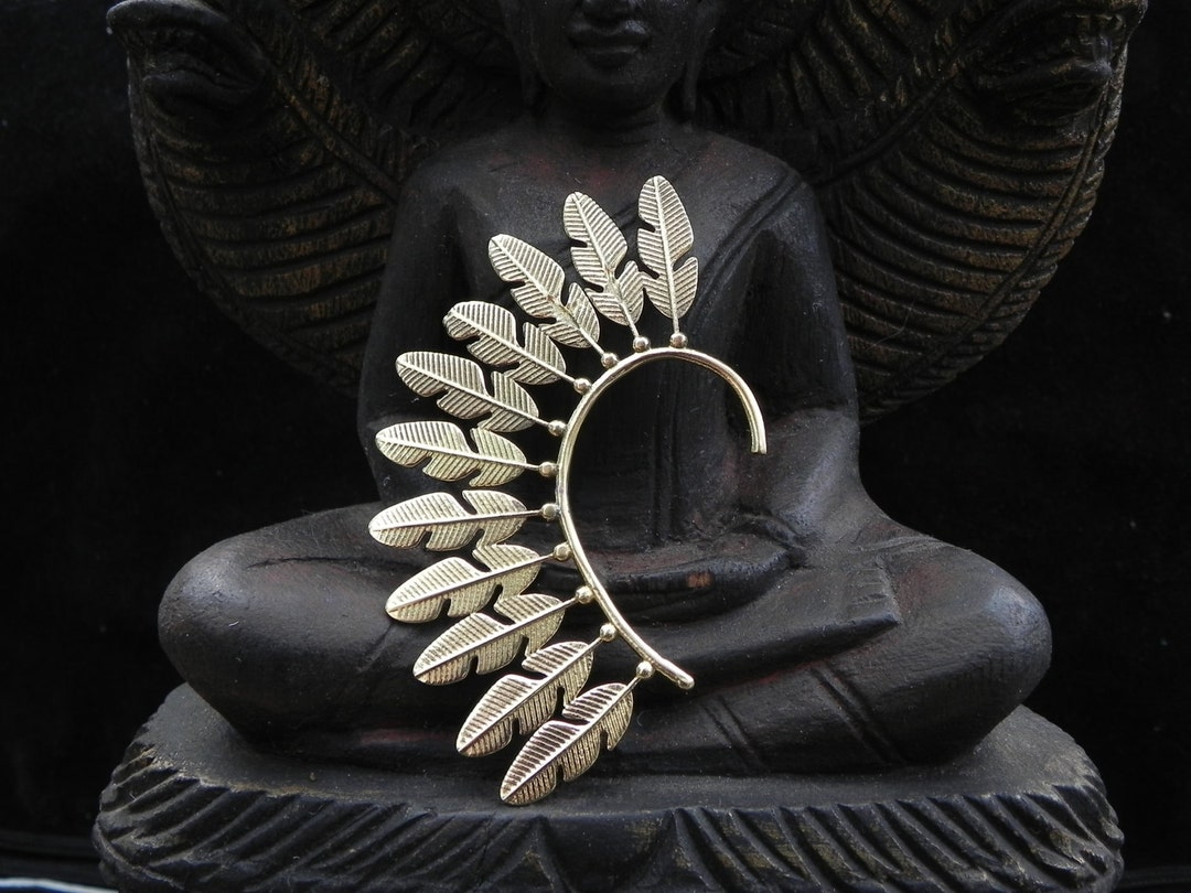 Gold Feather Ear Cuff Tribal Boho Festival Earring Unusual Unique Brass