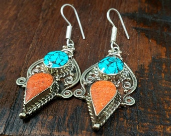 Tibetan Turquoise and Coral Scroll Earrings