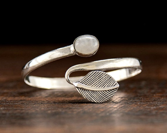 Silver Moonstone Leaf Bangle Bracelet - image 1