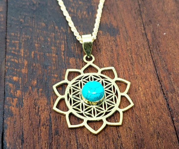 Gold Turquoise Lotus Flower of Life Sacred Geomet… - image 2