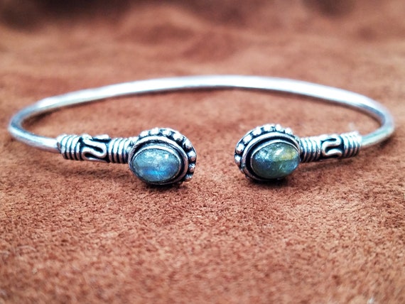 Simple Silver Labradorite Bangle Bracelet - Triba… - image 1