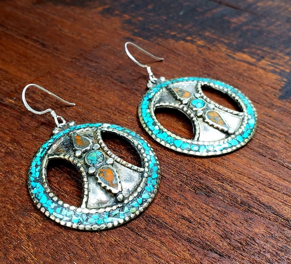 Tibetan Turquoise Shield Earrings - image 1