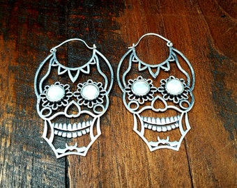 Silver Moonstone Sugar Skull Statement Earrings