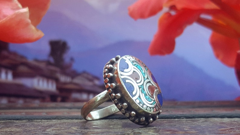 Himalayan Mosaic Ring Adjustable with Turquoise and Coral