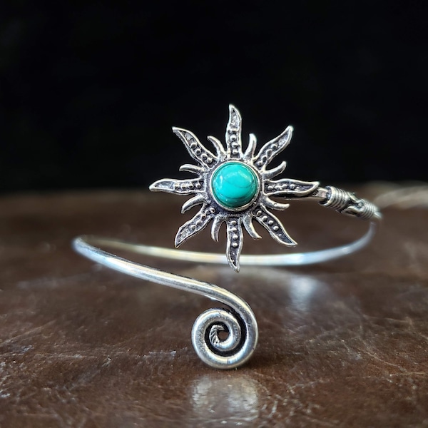 Silver Turquoise Sunburst Adjustable Bracelet Tribal Gypsy Festival Boho Bohemian Jewelry