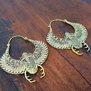 Gold Egyptian Scarab Beetles Hoop Earrings
