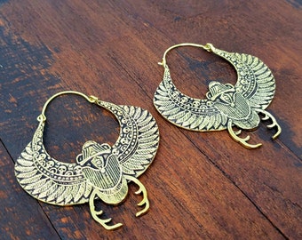 Gold Egyptian Scarab Beetles Hoop Earrings