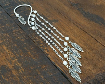 Silver Chain Ear Cuff with Moonstone Beads and Feather Charms