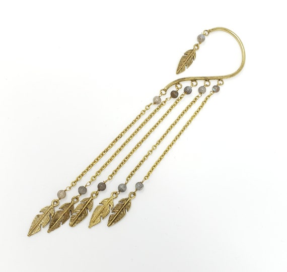 Gold Chain Ear Cuff with Labradorite Beads and Fe… - image 4