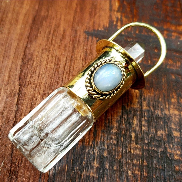 Collier Pendentif Bouteille de Parfum Pierre de Lune en Or avec Cristal Naturel