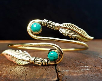 Gold Turquoise Feather Bracelet Adjustable Tribal Gemstone Jewelry