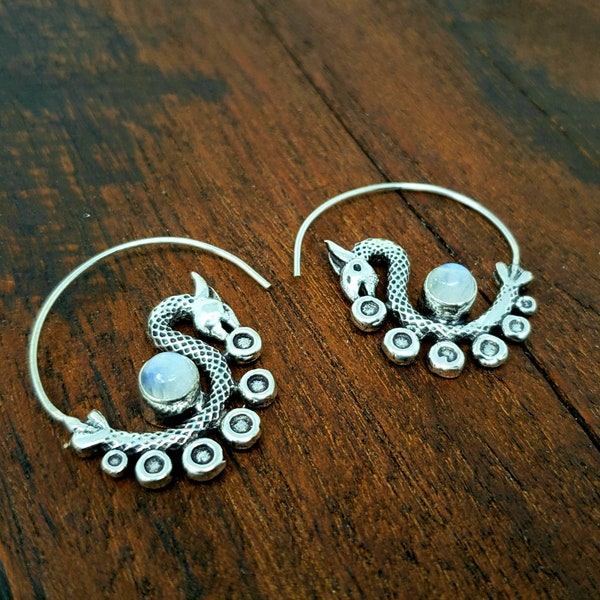 Silver Moonstone Dancing Dragon Threader Earrings