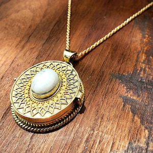 Large Gold Moonstone Locket Pendant Necklace