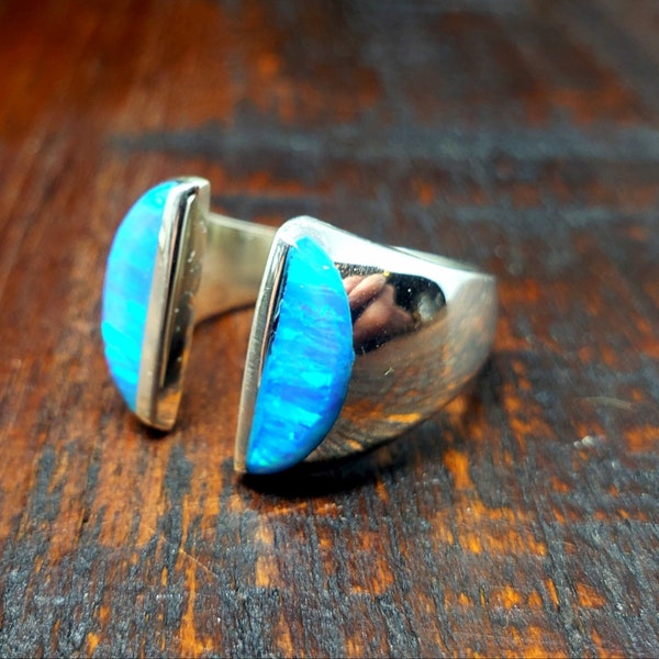 Sterling Silver Blue Opal Adjustable Statement Ring Mexican Taxco Silver Jewelry