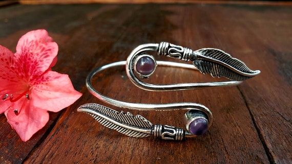 Silver Amethyst Feather Bracelet Adjustable Triba… - image 2