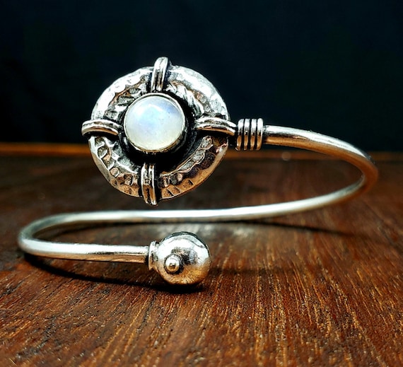 Silver Rainbow Moonstone Shield Adjustable Bangle… - image 1