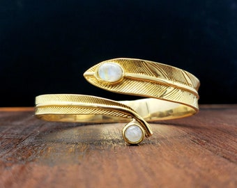 Gold Moonstone Feather Adjustable Arm cuff