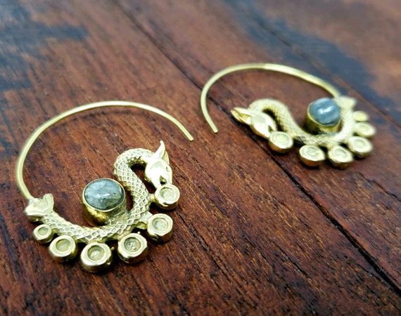 Gold Labradorite Dancing Dragon Threader Earrings - image 1