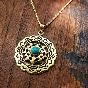 Gold Turquoise Sri Yantra Silver Pendant Necklace