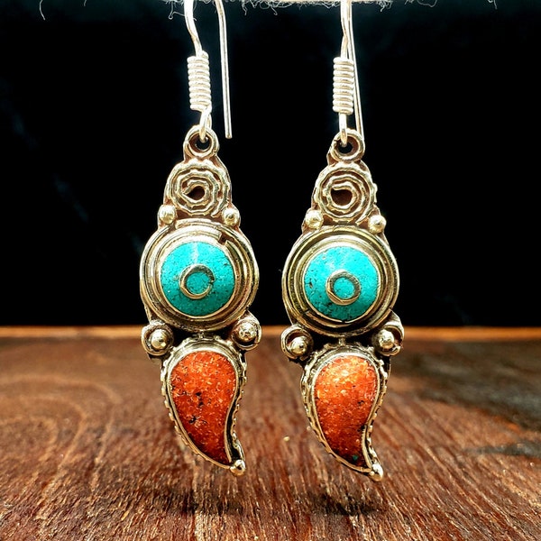 Tibetan Turquoise and Coral Earrings