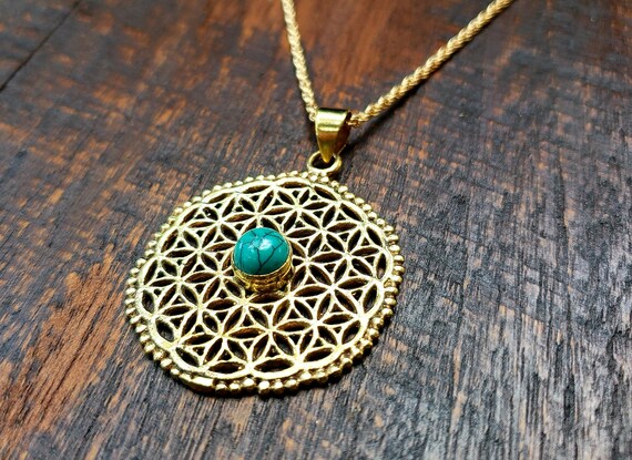 Gold Turquoise Flower of Life Sacred Geometry Pen… - image 2