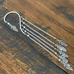 Silver Chain Ear Cuff with Labradorite Beads and Feather Charms