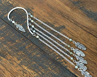 Silver Chain Ear Cuff with Labradorite Beads and Feather Charms