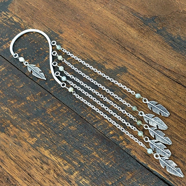 Silber Kette Ohr Manschette mit Labradorit Perlen und Feder Charms