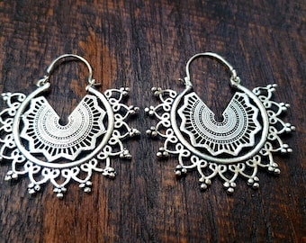 Silver Galactic Mandala Earrings, Intricate design Hoop Earrings, Silver Big Bohemian Earrings, Mandala Hoop Earrings, Ethnic Hoop Earrings