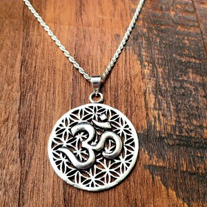 Silver Om Flower of Life Sacred Geometry Pendant Necklace