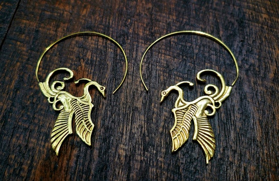 Gold Crane Threader Loop Earrings - image 1