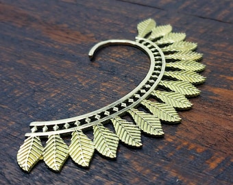 Golden Feather Ear Cuff Boho Festival Earring Unusual Unique Brass Jewelry