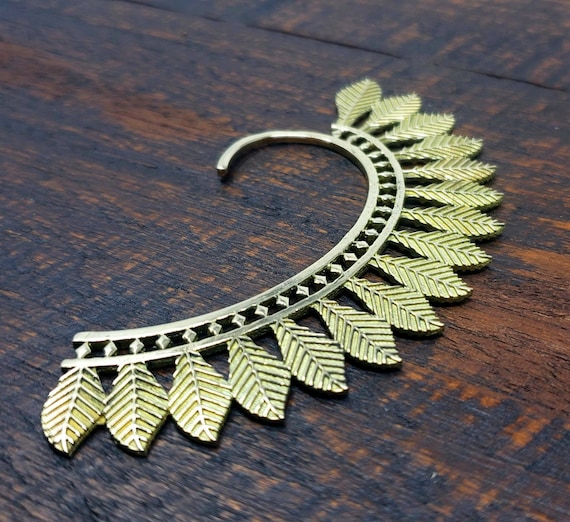 Golden Feather Ear Cuff Boho Festival Earring Unusual Unique Brass Jewelry