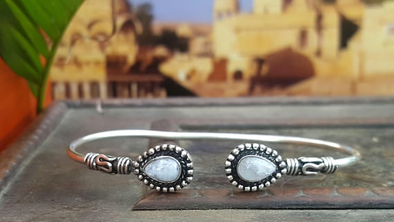 Simple Silver Moonstone Bangle Bracelet Tribal Ge… - image 1