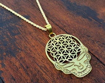 Gold Flower of Life Skull Pendant Necklace