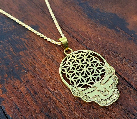 Gold Flower of Life Skull Pendant Necklace
