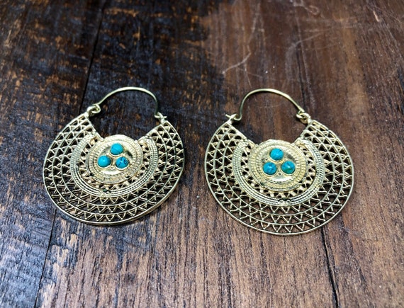Gold Turquoise Shield Earrings - Bohemian Boho Br… - image 1