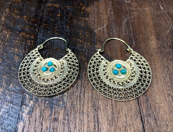 Gold Turquoise Shield Earrings - Bohemian Boho Br… - image 1