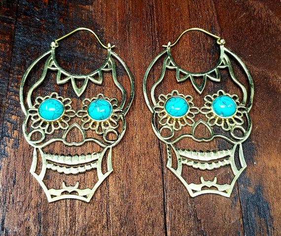 Gold Turquoise Sugar Skull Statement Earrings - image 1