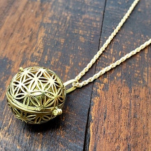 Large Gold Flower of Life Harmony Bell Cage Pendant