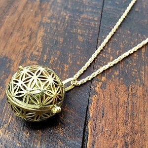 Gold flower of Life Pendant, Seed of Life Charm Necklace, Sacred Geometry Jewelry, Bohemian Gif for women, Vintage Bell cage mandala